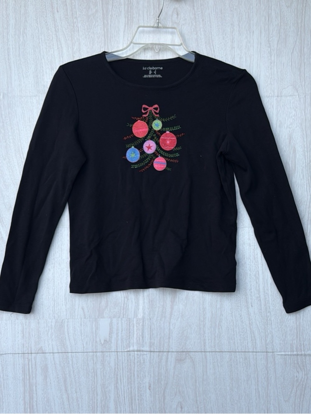 Liz Claiborne Black Long-Sleeve Tee with Colorful Ornament Embroidery
